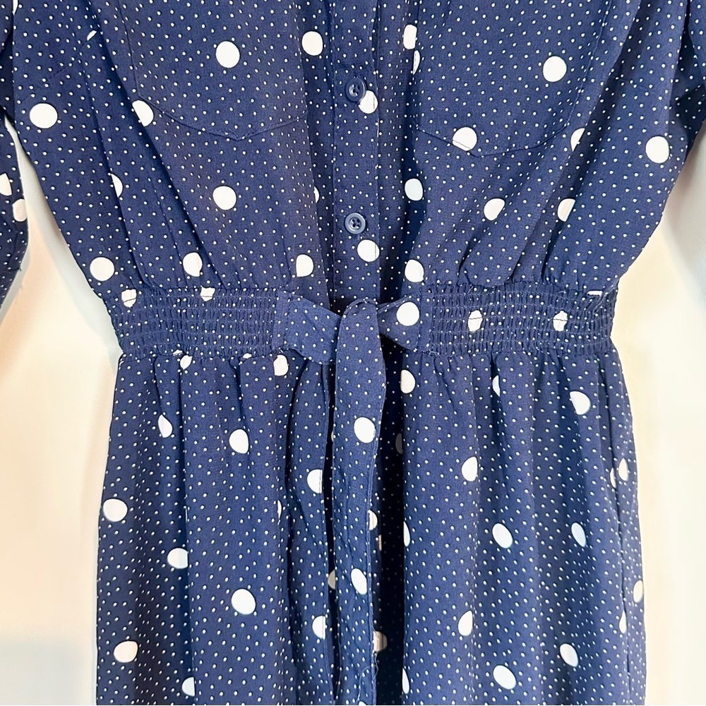 Elegant Navy Polka Dot Long Sleeve Dress - Size: Petite Large - Picture 5 of 8